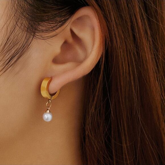 Pearl Huggie Hoop Earrings - Picture 3 of 3